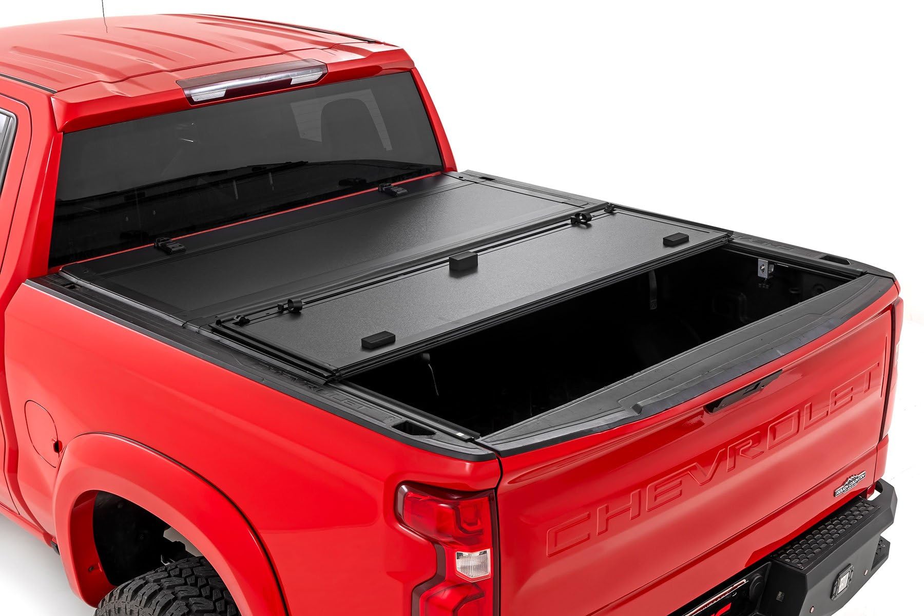 Rough Country Hard Tri-Fold Truck Bed Flip Up Tonneau Cover for Chevy Silverado & GMC Sierra 1500 (2019-2025) - Flush Aluminum Bed Cover, Fits 6'7 Bed