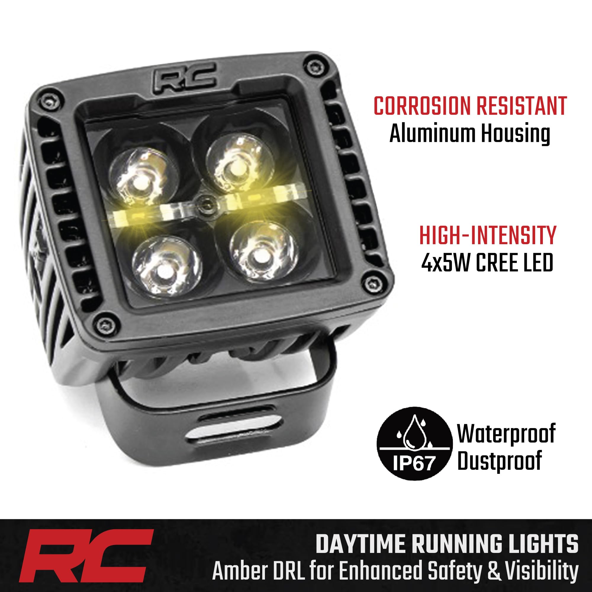 Rough Country 2" Quad Cube LED Lights with Amber DRL for Toyota Tundra (2014-2021) - Lower Windshield Mount, 7,200 Lumens, Spot Beam Off-Road Lighting