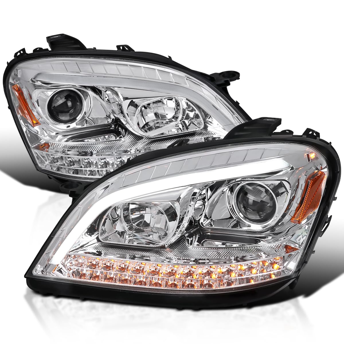 Chrome Projector Headlights w/LED Sequential Signal SPEC-D TUNING Compatible with 2006-2008 Mercedes Benz W164 ML350 ML500 ML-Class, Left + Right Pair Headlamps Assembly