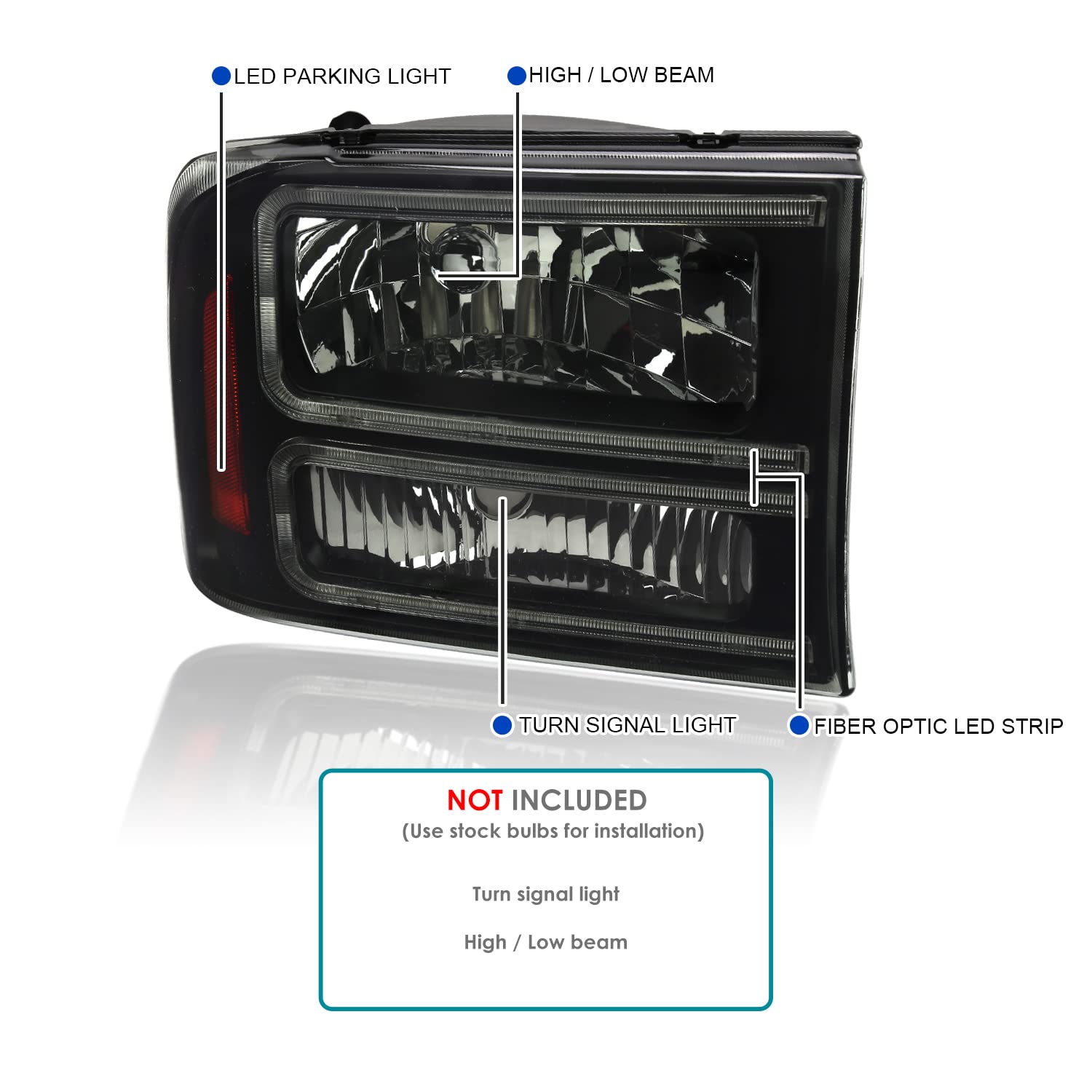 Black Smoke SPEC-D TUNING Headlights with LED Bar Compatible with 1999-2004 Ford F-250, F-350, F-450 SuperDuty, 2000-2004 Excursion, Left + Right Head Lights Assembly