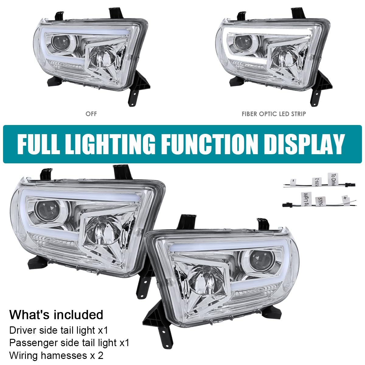 Chrome Projector Headlights SPEC-D TUNING w/LED Light Bar Compatible with 2007-2013 Toyota Tundra, 2008-2017 Toyota Sequoia, Left + Right Pair Headlamps Assembly