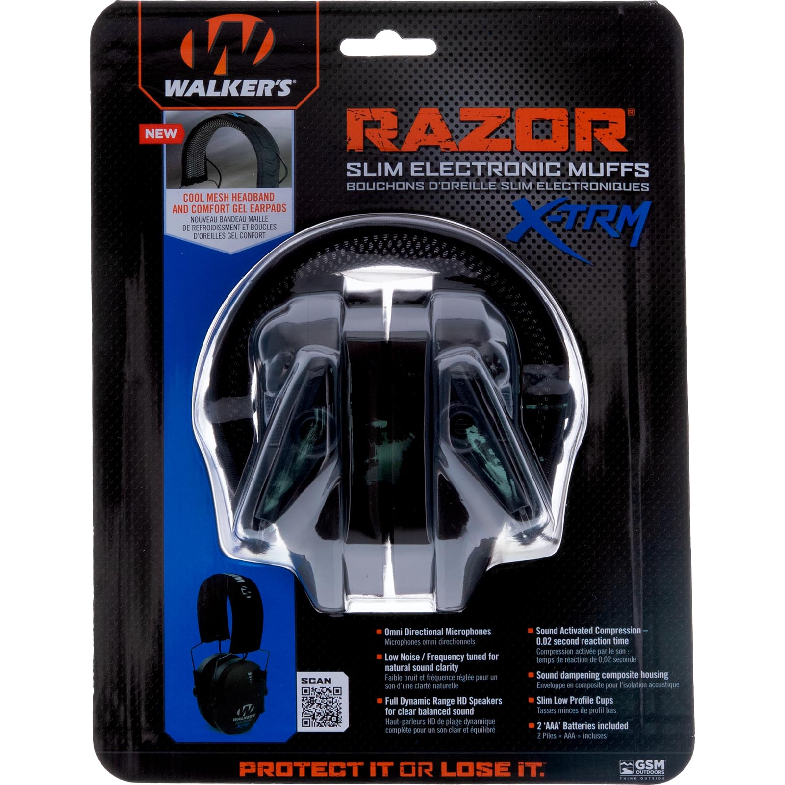 Walker's Noise-Cancelling Razor Slim X-TRM Sound-Enhancing Hunting Gun Range Shooting Electronic Earmuffs with Cooling Pads, Moisture Wicking Headband & 2 AAA Batteries, Black