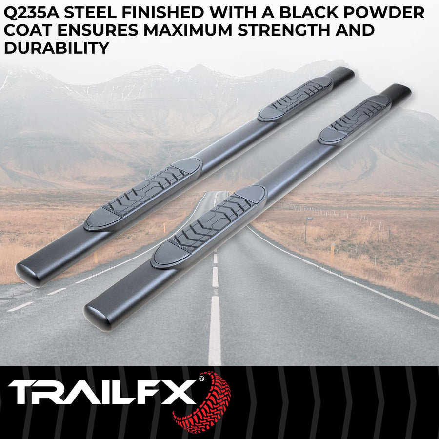 Trail FX 5 Inch Oval Straight Side Step Bars with Step Pads and Bed Step Fits 2024-2025 Toyota Tacoma Black Powder-Coated Steel Rocker Panel Mount Bolt On Installation TrailFX A7102T
