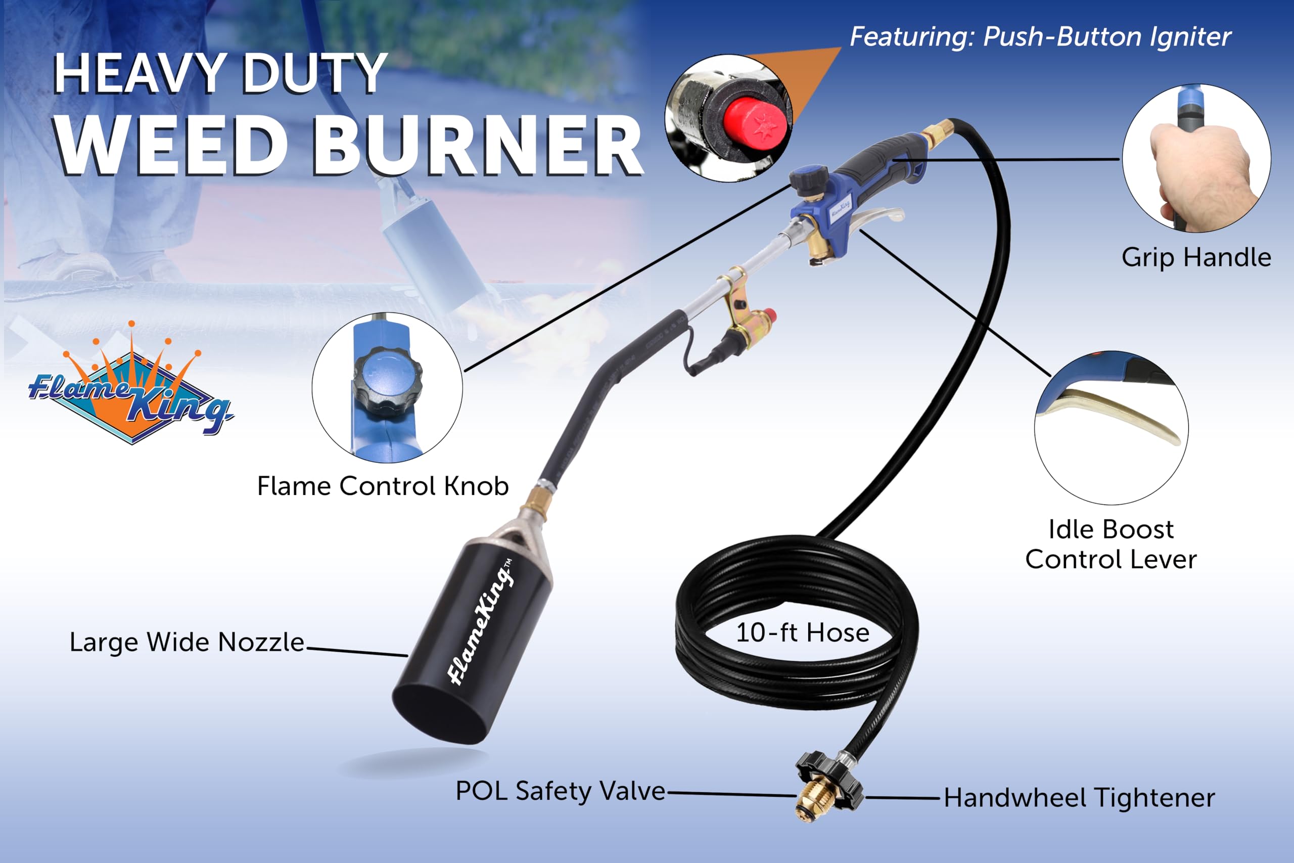 Flame King Heavy Duty Propane Torch Kit Weed Burner, 340,000 BTU with Piezo Igniter (Self Igniting), with 10-ft Hose for Weed Burning, Melting Ice and Snow, and Roofing