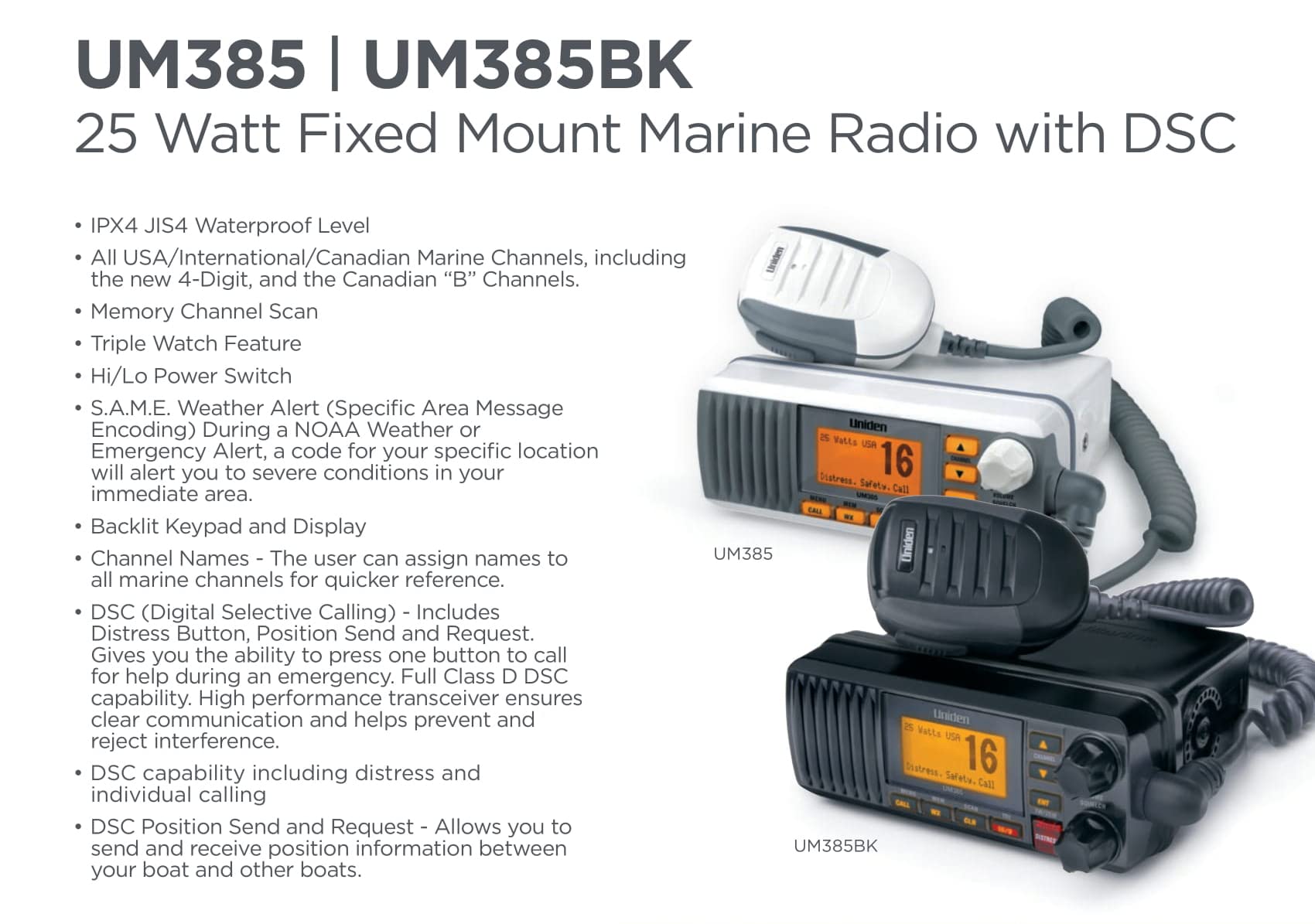 25 Watt Uniden UM385 Fixed Mount Marine Vhf Radio, Waterproof IPX4 with Triple Watch, Dsc, Emergency/Noaa Weather Alert, All Usa/International/Canadian Marine Channels, Memory Channel Scan, White