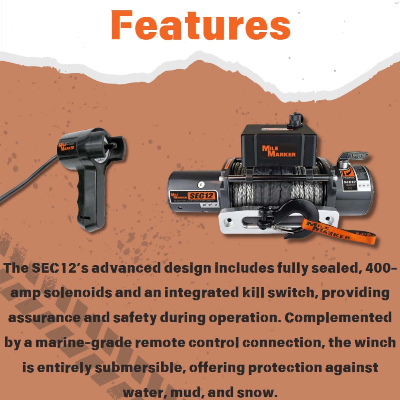 SEC12 Mile Marker 76-53251BW Winch - 12000 lb. Pull Strength - Synthetic Rope & Hawse Fairlead - Built for Tough Terrains - Waterproof - Handheld Remote Controller Included - Withstands Rigorous Use