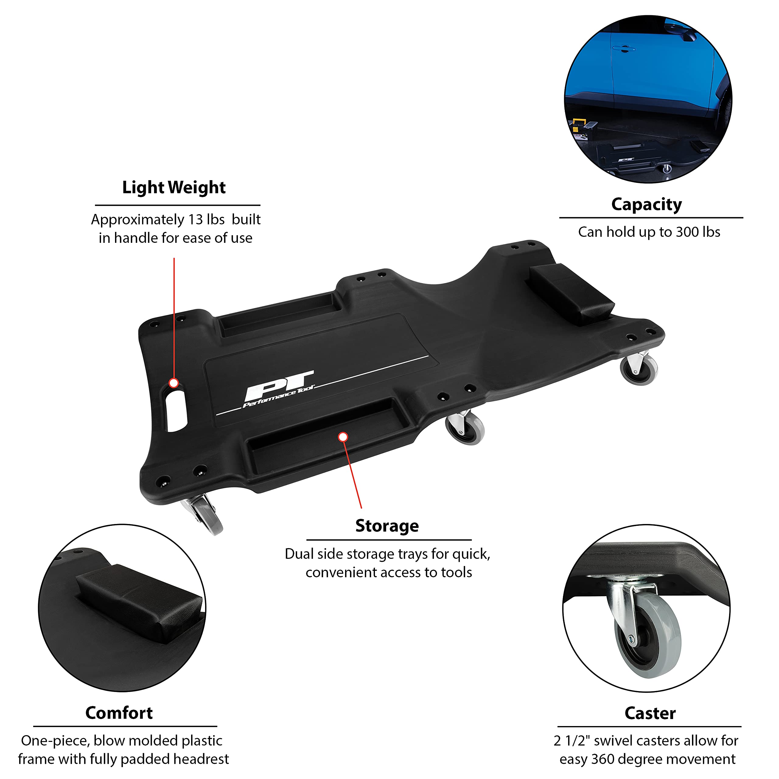 W85006 Performance Tool 40-Inch Plastic Creeper with 6 Casters, Black