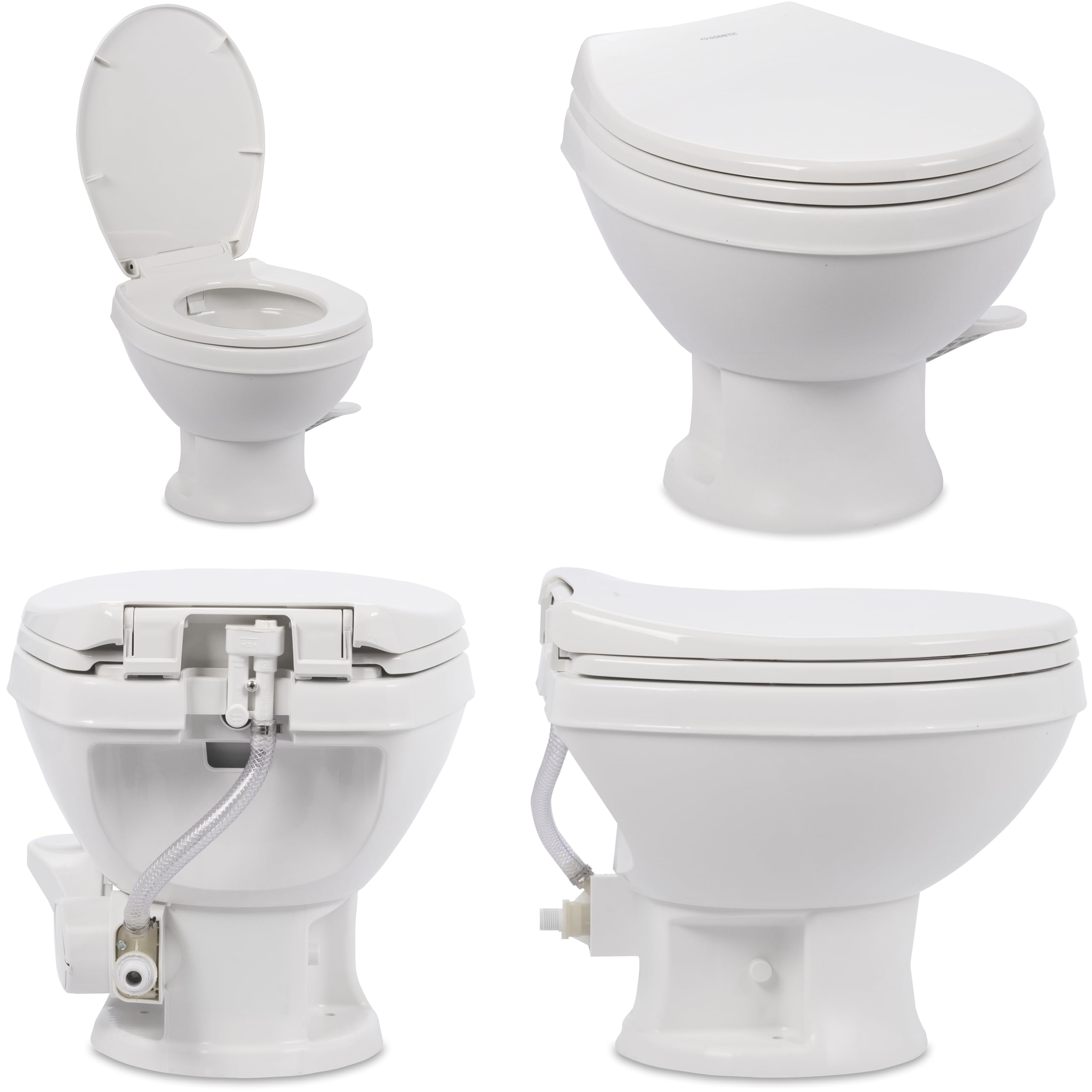 Dometic Model 401 RV Toilet Essential – Heavy-Duty Plastic Bowl, Universal Fit & 2-Bolt Mount, Low-Profile 13–5/8" Seat Height, Gravity Flush Toilet with Soft-Close Seat, White (9610008278)