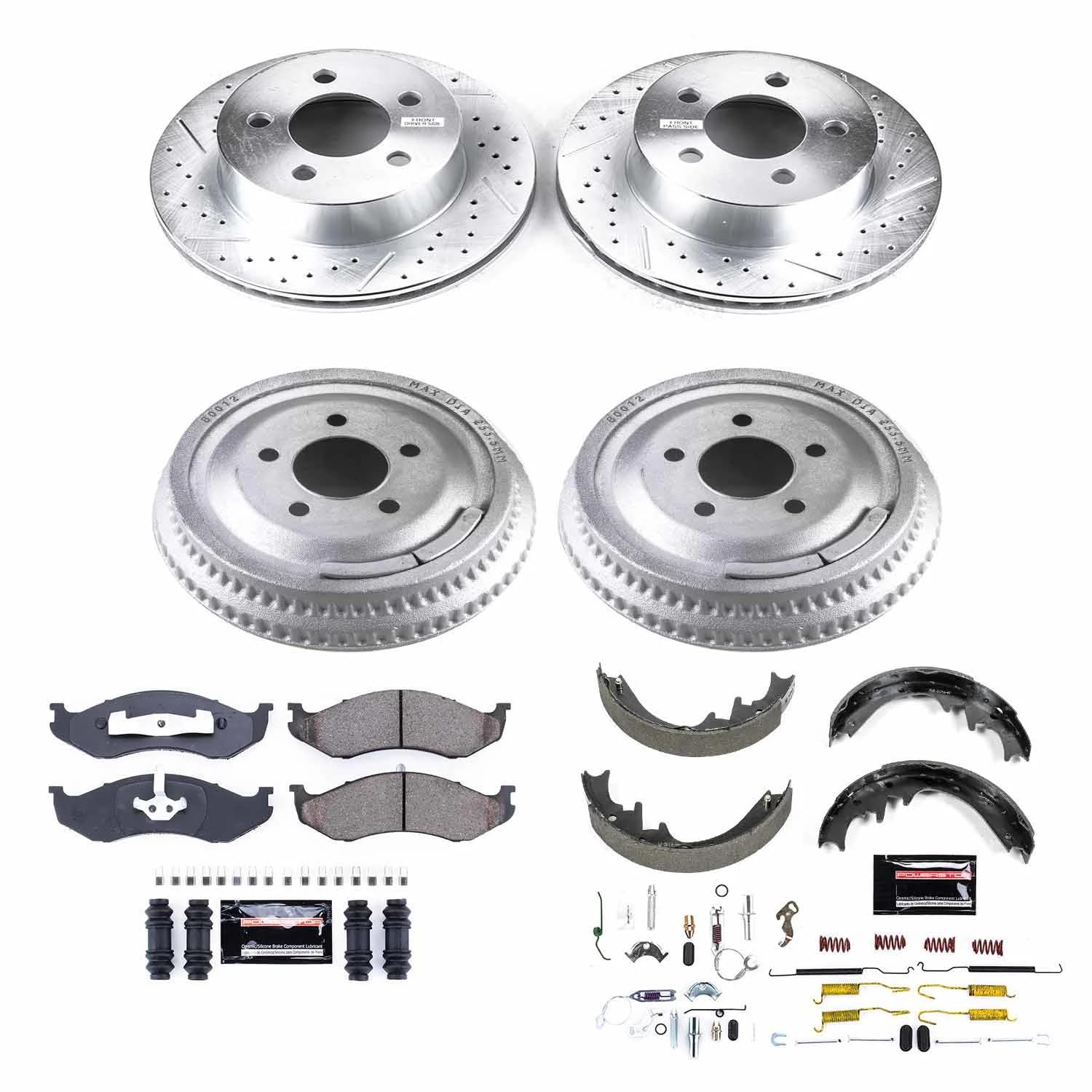 Power Stop K15134DK Z23 Carbon Fiber Brake Pads Front and Rear with Drilled & Slotted Brake Drums Kit For Jeep Cherokee 1999-2001 [Model Specific]