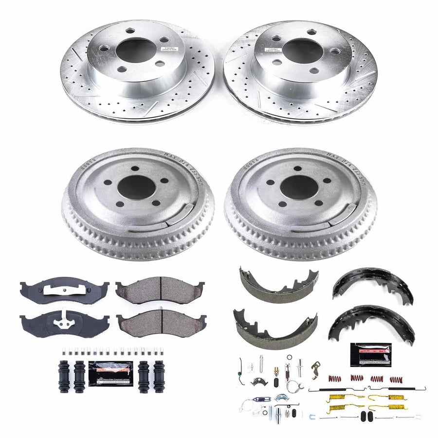Power Stop K15134DK Z23 Carbon Fiber Brake Pads Front and Rear with Drilled & Slotted Brake Drums Kit For Jeep Cherokee 1999-2001 [Model Specific]