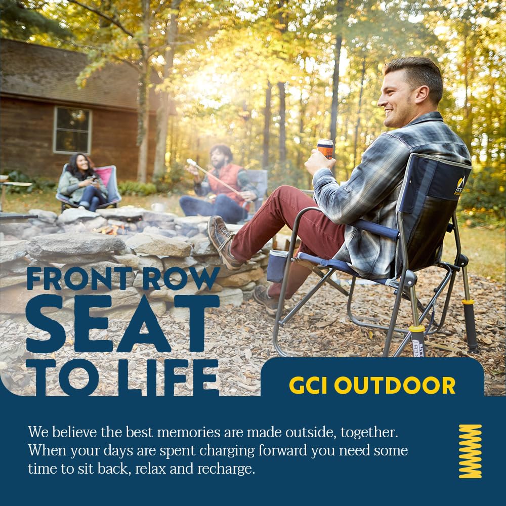 Freestyle Rocker GCI OUTDOOR with Side Table Camping Chair | Portable Folding Rocking Chair with Solid, Durable Armrests, Drink Holder & Comfortable Backrest — Heathered Indigo