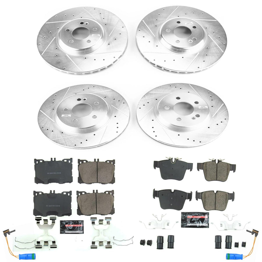 Power Stop K7988 Z23 Carbon Fiber Brake Pads Front and Rear with Drilled & Slotted Brake Rotors Kit and 1 Front & 1 Rear Sensor Wires For C43 AMG, C450, GLC300, GLC350e, GLC43 AMG [Model Specific]