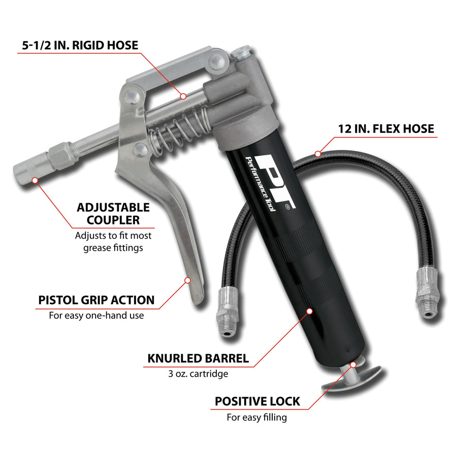 Mini Grease Gun Performance Tool W54198 (3 oz) With 12 inch Flexible Hose and 5.5 inch Rigid Extension Pipe