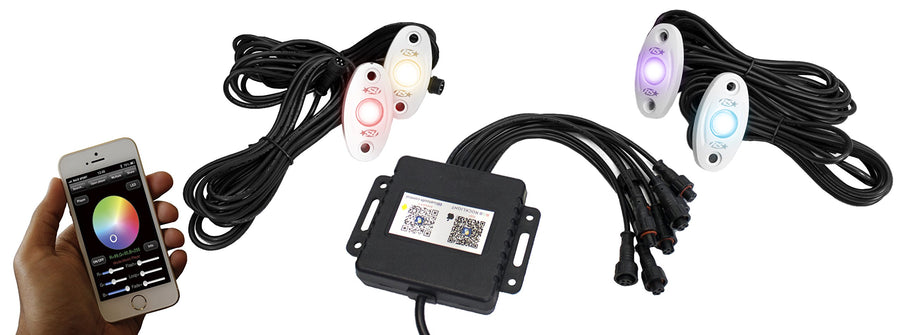 Race Sport Lighting ColorSMART RSLD4KITCS-W 4-LED Glow Pod WHITE Kit - Smartphone Controlled with Brain Box IP68 12V with All Hardware - RGB Multi-Color