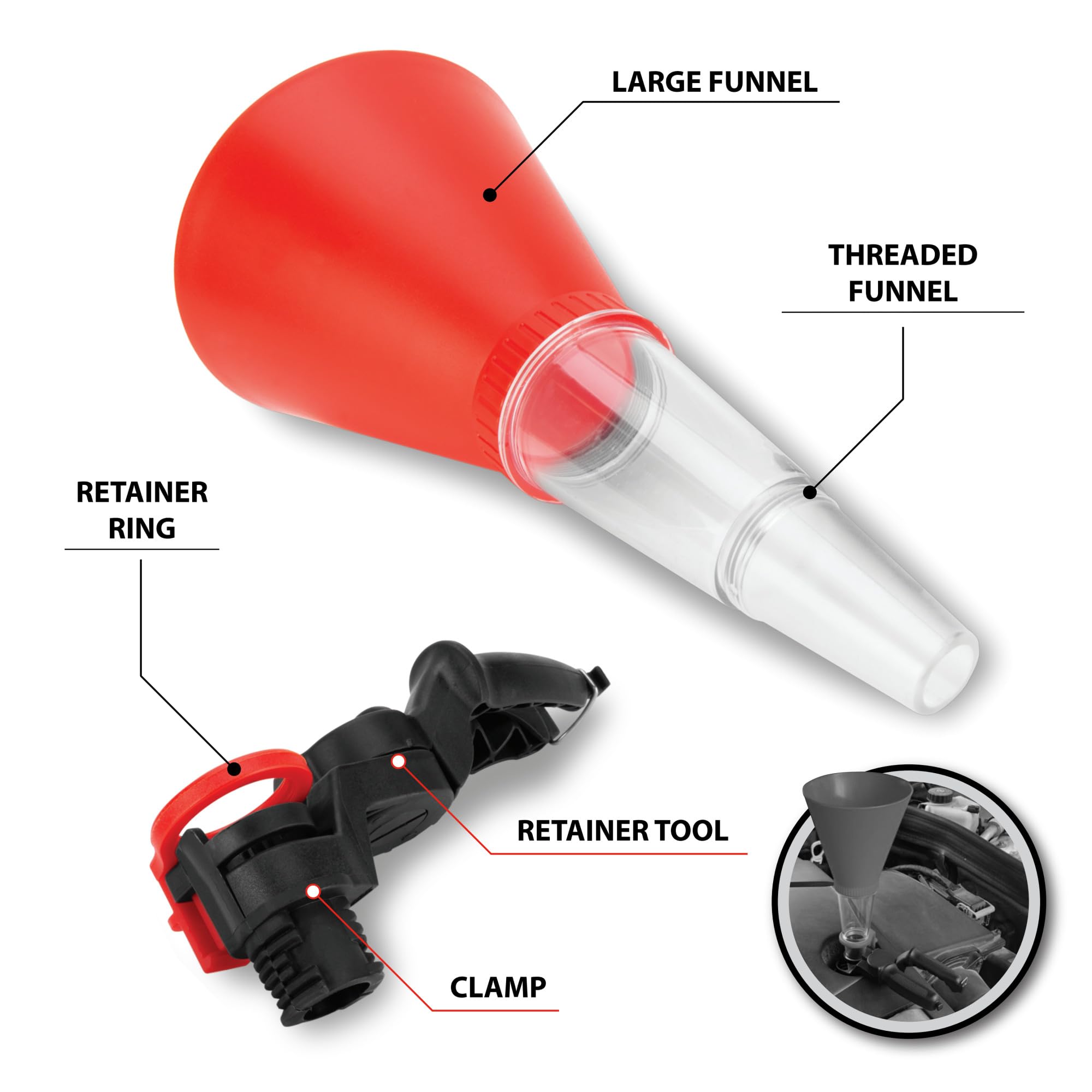 Hands-Free Funnel Performance Tool W4069 with Clamp - Prevents Spills, Transparent Lower Chamber, Fits Most Vehicles, 257mm x 127mm Dimensions