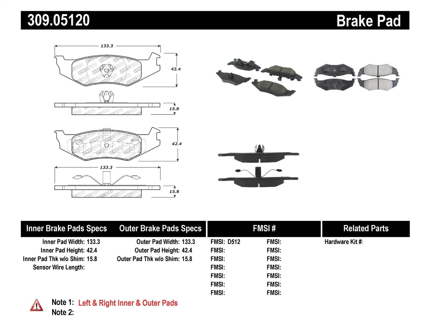 Sport Brake Pads StopTech 309.05120 with Shims and Hardware