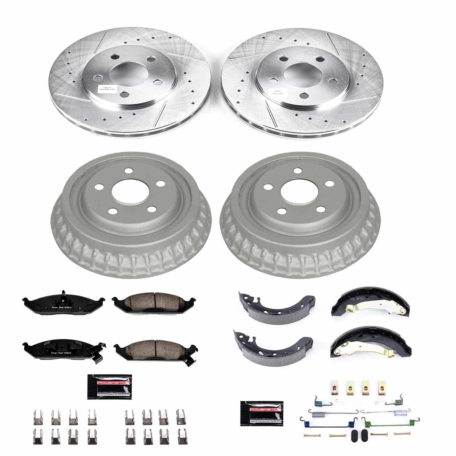 Power Stop K15143DK Z23 Carbon Fiber Brake Pads Front and Rear with Drilled & Slotted Brake Drums Kit For Dodge Stratus 1995-1996, Plymouth Breeze 1996 [Model Specific]