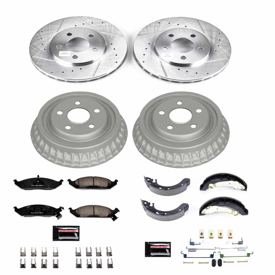 Power Stop K15143DK Z23 Carbon Fiber Brake Pads Front and Rear with Drilled & Slotted Brake Drums Kit For Dodge Stratus 1995-1996, Plymouth Breeze 1996 [Model Specific]