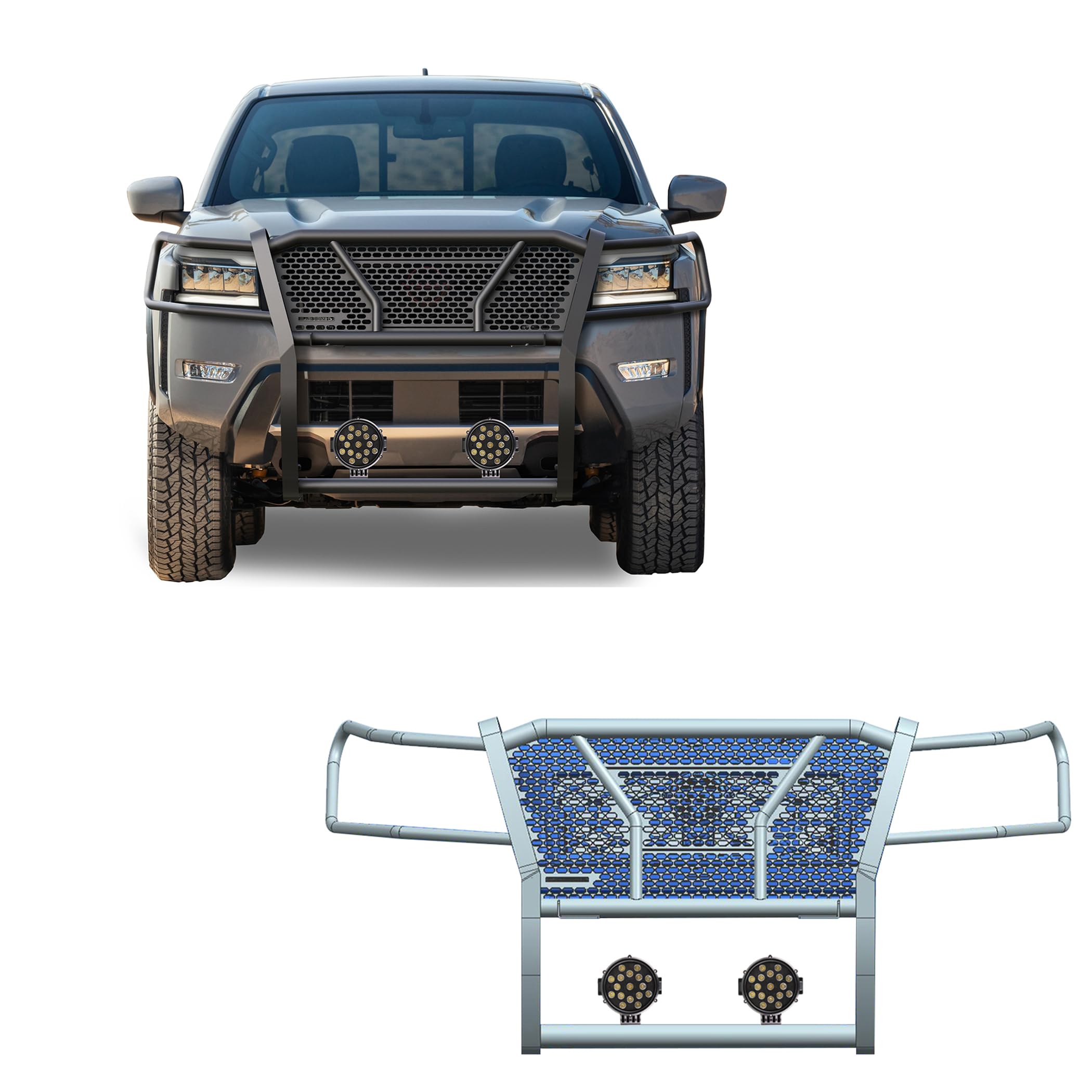 Heavy Duty Black Horse Rugged Grille Brush Bumper Guard Modular Black Come with Pair of 7.0" Dia.LED Lights with Black Trim Rings Compatible with 2022-2024 Nissan Frontier-RU-NIFR22-B-PLB