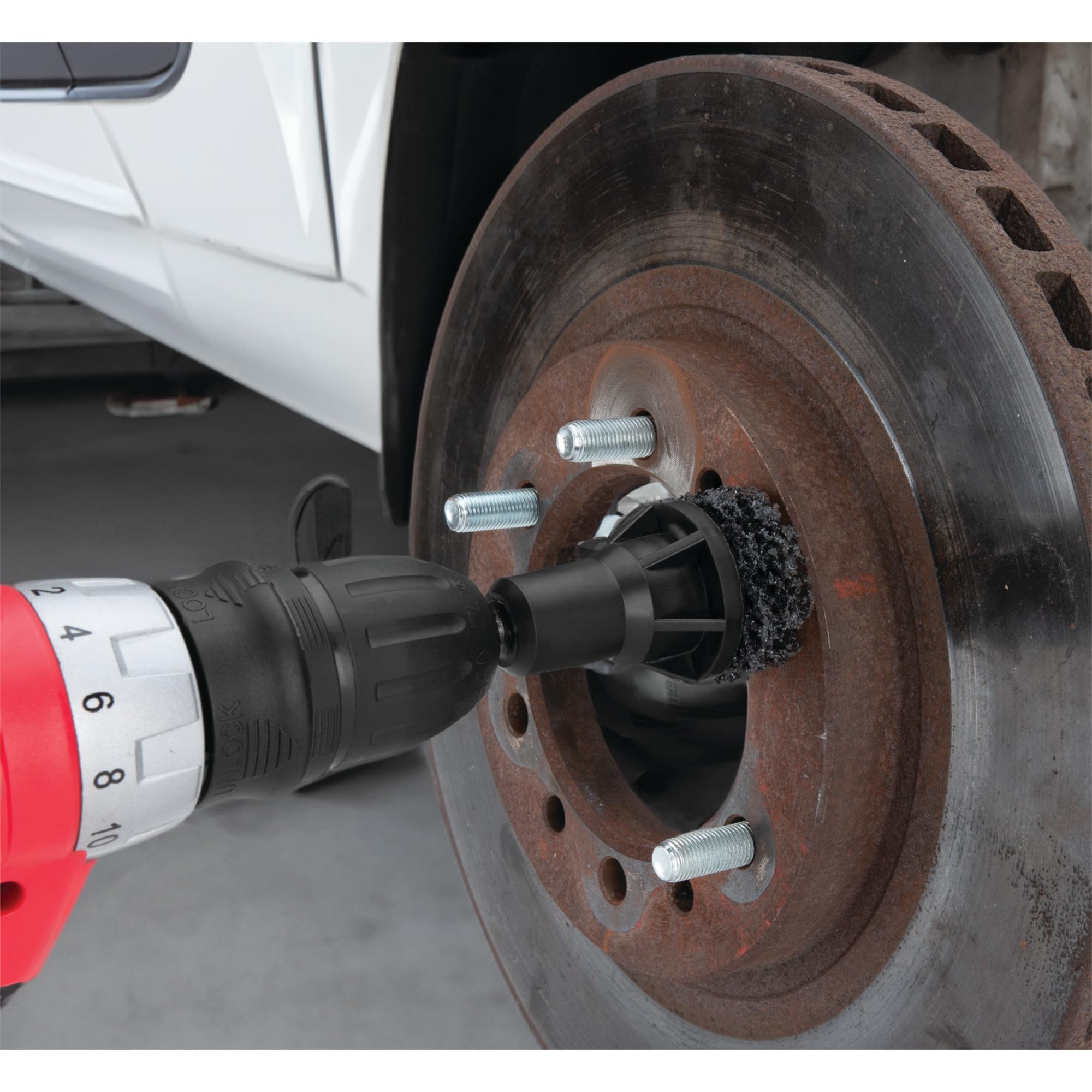 W80105 Performance Tool Wheel Hub Resurfacing Kit - Quick Rust Removal for Lug Studs and Rotors, Fits Power Drill, Includes Holder and 5 Pads