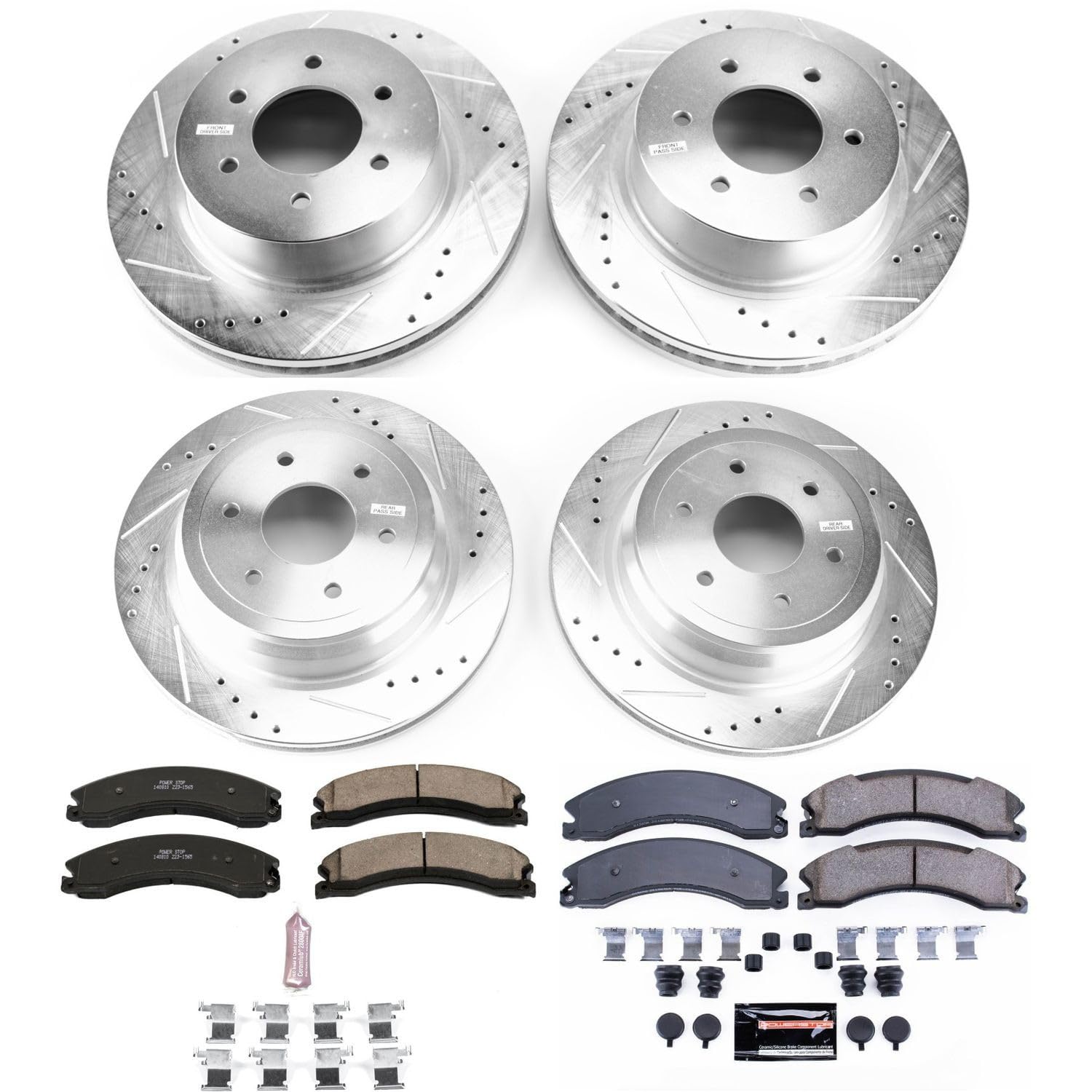 Power Stop K7876 Z23 Carbon Fiber Brake Pads Front and Rear with Drilled & Slotted Brake Rotors Kit For Nissan TITAN XD 2016-2022 [Model Specific]