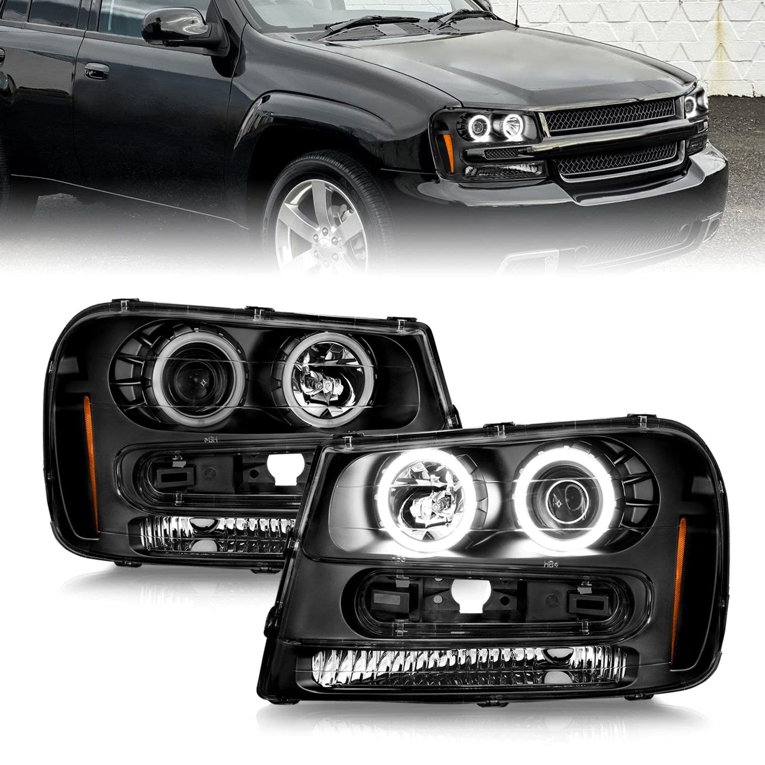 Projector Headlights ANZO - 02-09 Chevrolet Trailblazer (Will Not Fit 06-09 LT) w/Halo Black Housing (111572)