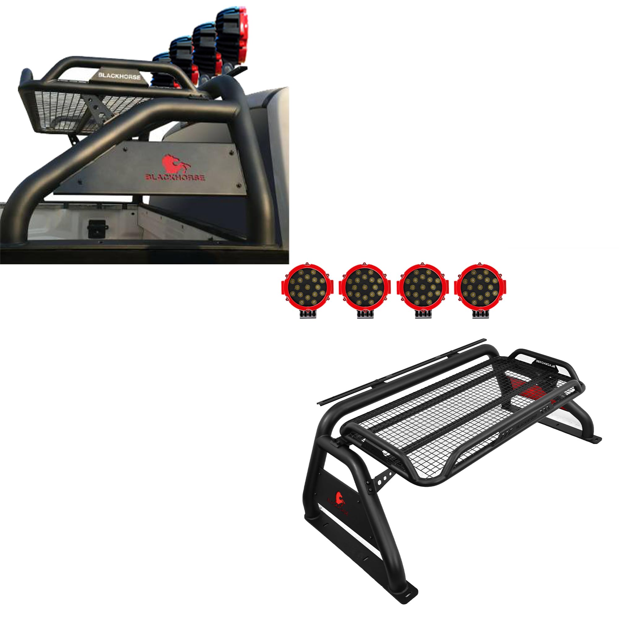 Atlas Roll Bar Black Incl. Pair of 7.0" Dia. Led Lights w/Red Trim Rings Compatible with 1999-2025 Ford F-250 Super Duty|1999-2025 Ford F-350 Super Duty|1999-2025 Ford F-450 Super Duty