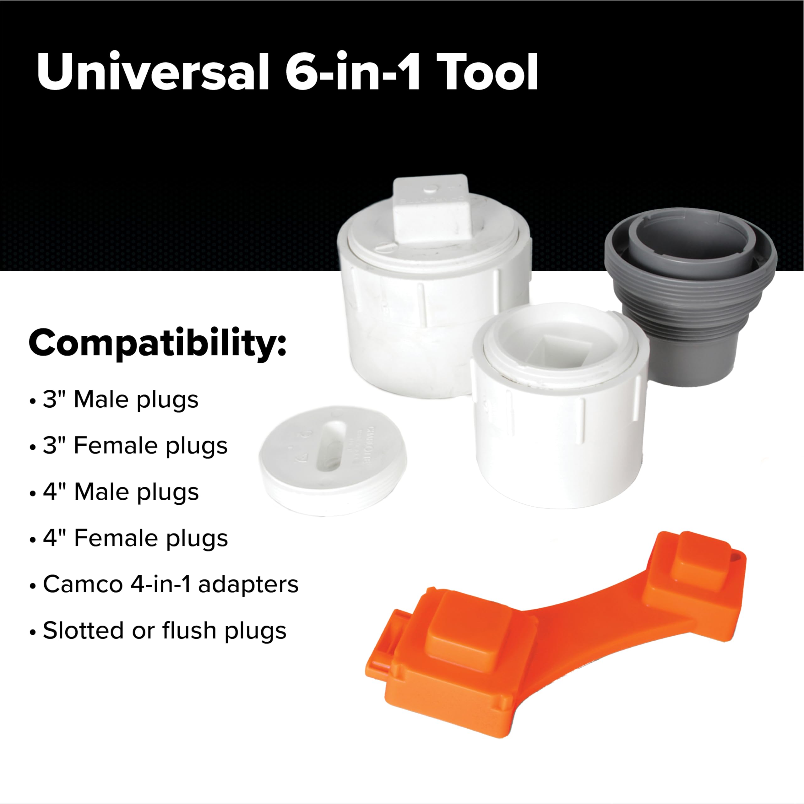 Camco 6-in-1 RhinoFLEX RV/ Camper Sewer Wrench - Compatible with 3-Inch and 4-Inch Male or Female Sewer Clean-out Plugs, Slotted or Flush Sewer Plugs, and All 4-in-1 Adapters (39755)