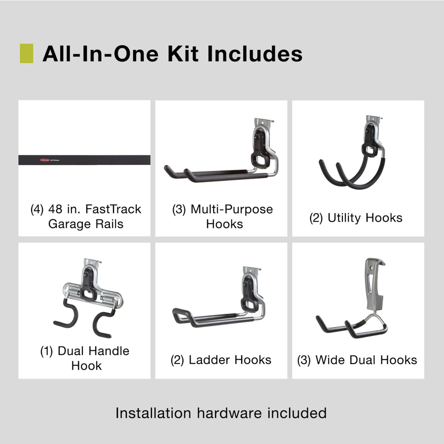 15-Piece Rubbermaid FastTrack Garage Wall-Mounted Storage Kit, 4 Rails and 11 Hooks, for Home/House/Tool/Sports/Equipment/Utility Purposes