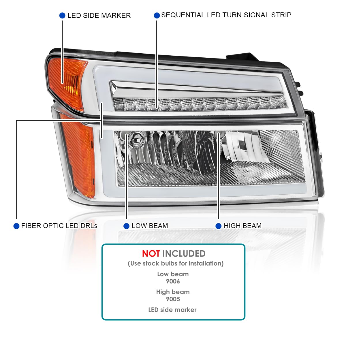 Chrome Headlights + Corner Lights w/LED Tube SPEC-D TUNING Compatible with 2004-2012 Chevy Colorado, GMC Canyon Left+Right Head Lamp Assembly
