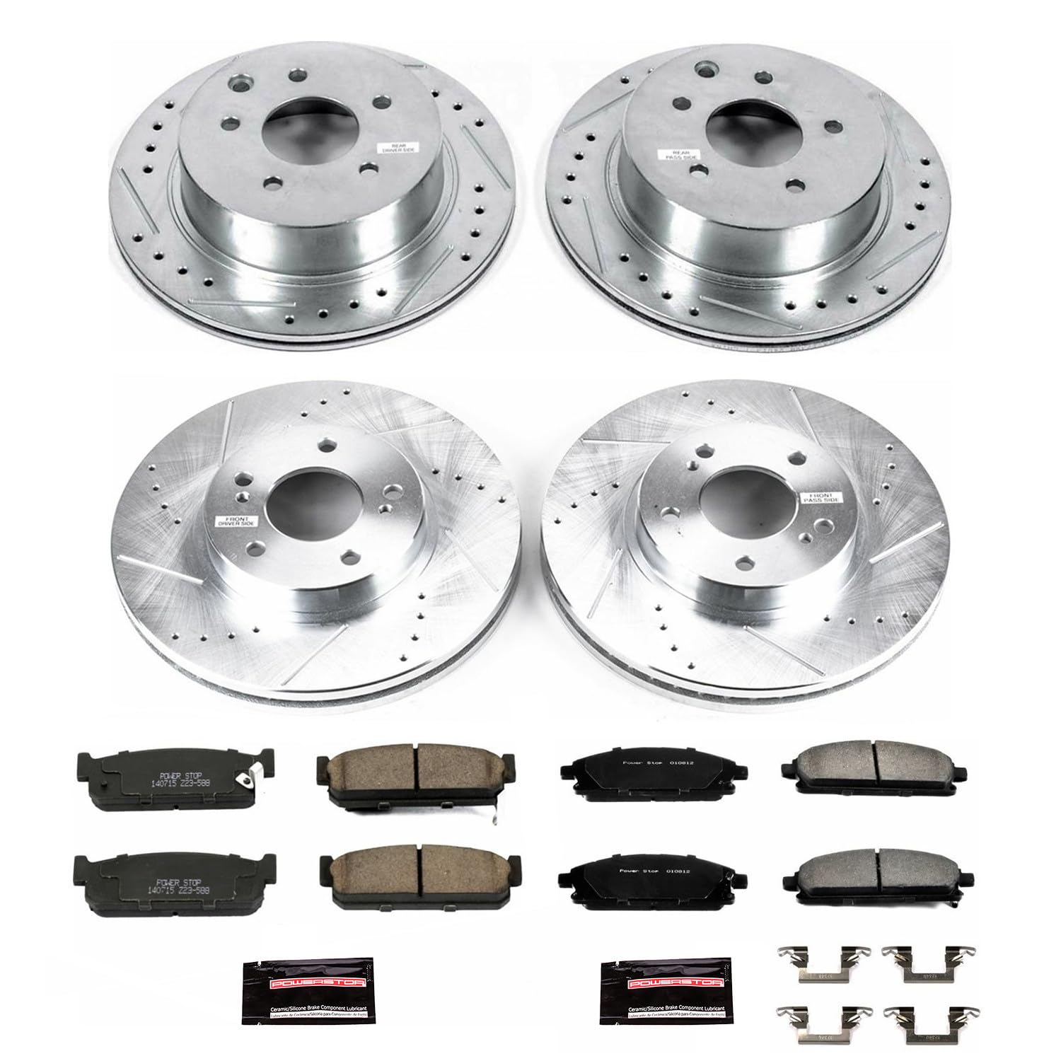 Power Stop K1180 Z23 Carbon Fiber Brake Pads Front and Rear with Drilled & Slotted Brake Rotors Kit For INFINITI Q45 1997-2001 [Model Specific]