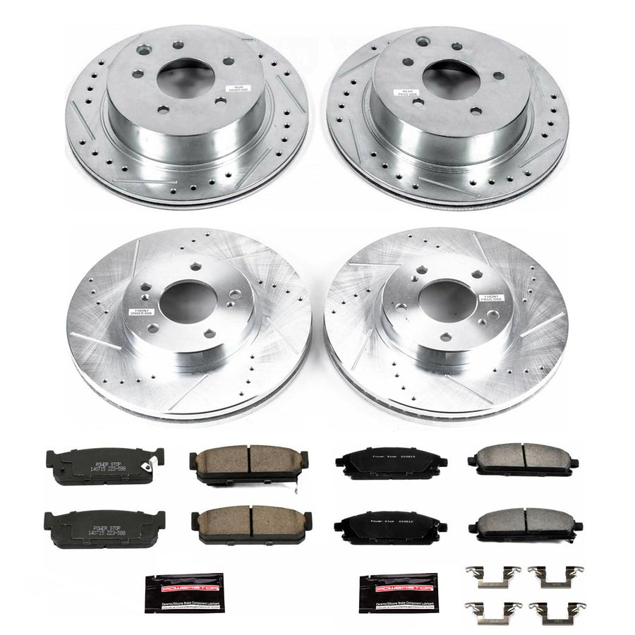 Power Stop K1180 Z23 Carbon Fiber Brake Pads Front and Rear with Drilled & Slotted Brake Rotors Kit For INFINITI Q45 1997-2001 [Model Specific]