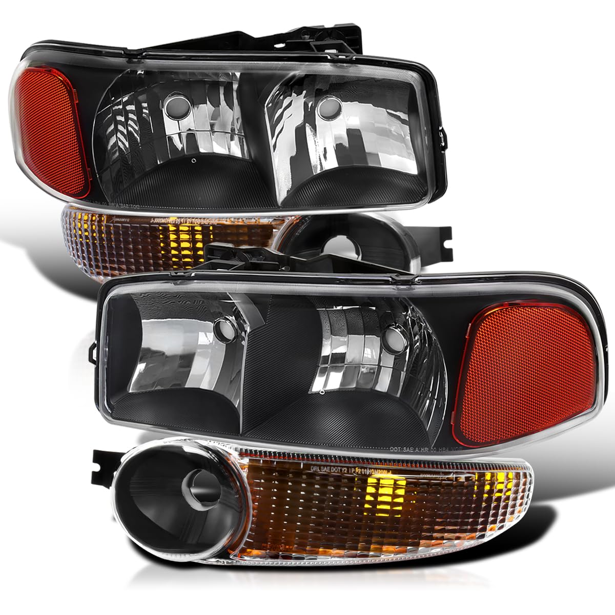 Black Headlights + Bumper Lamps Spec-D Tuning Compatible with 2000-2006 GMC Sierra 1500 2500 Yukon XL Denali, Left + Right Pair Assembly