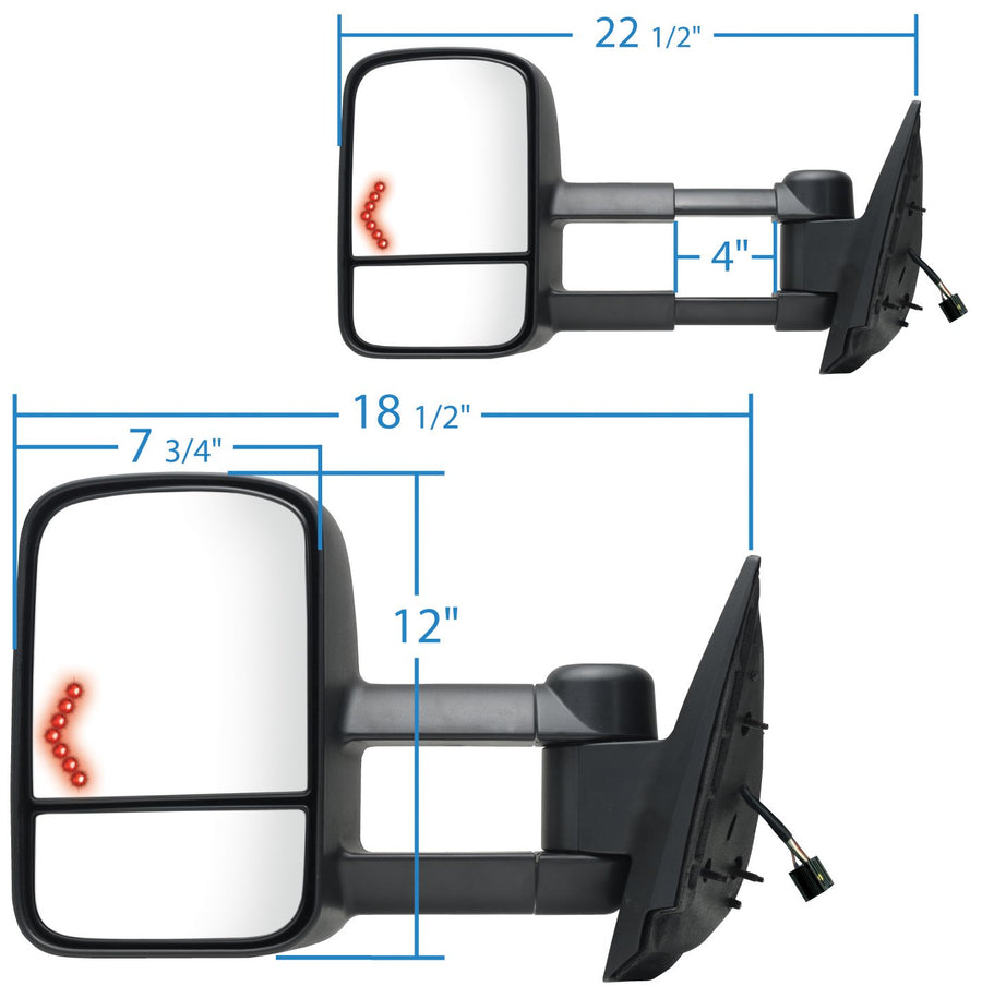 K Source Extendable Passenger Side Towing Mirror For 2007 - 2014 Avalanche, Silverado/Sierra Pick-Up/Hybrid Full Size, Suburban, Tahoe, Yukon. Textured Black, Heated Power, LED Arrow Signal, Dual Lens, Foldaway
