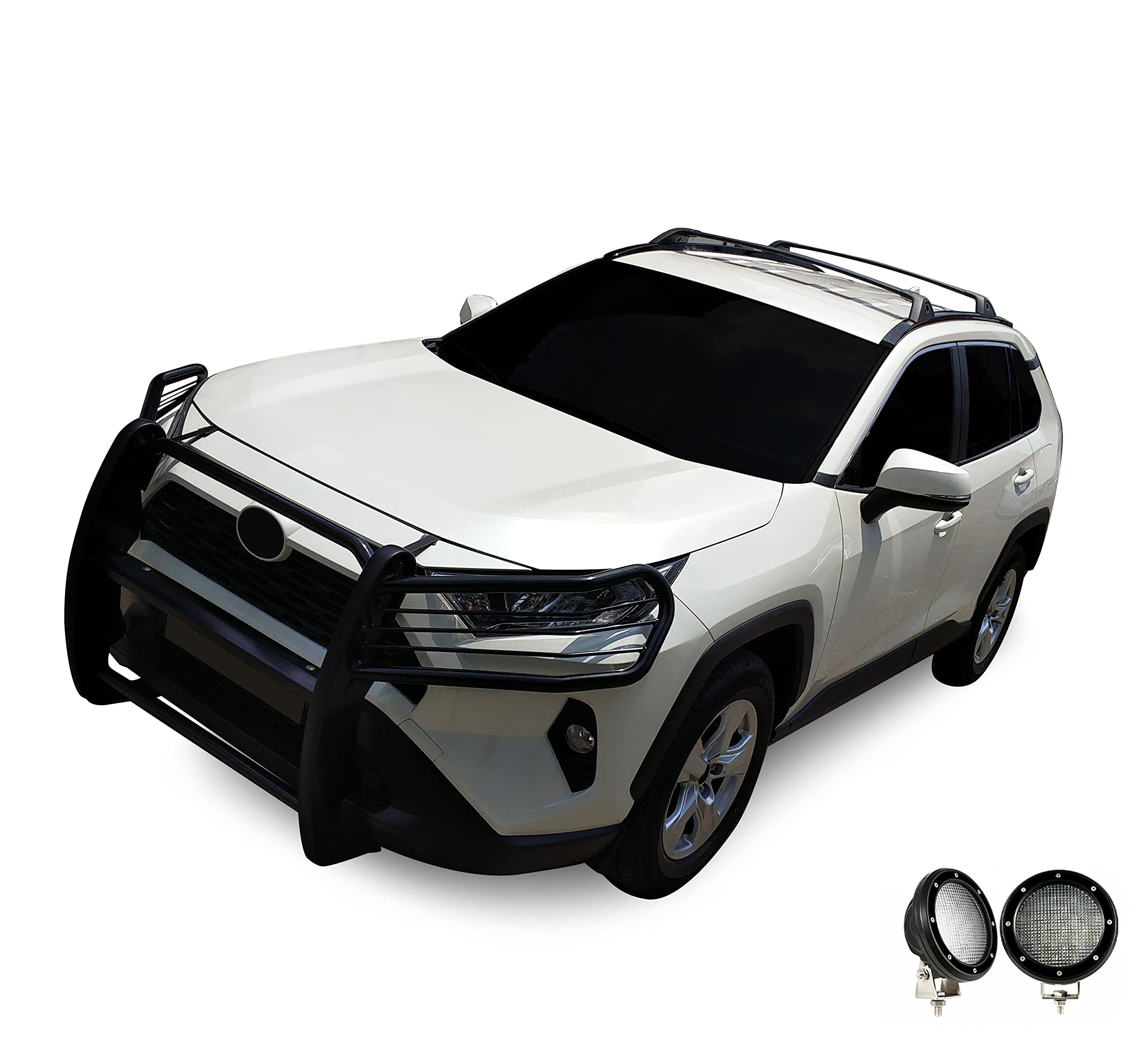 Grille Brush Black Horse Bumper Guard Modular Black Come with Pair of 5.3" Dia.LED Lights with Black Trim Rings Compatible with 2019-2024 Toyota RAV4-17A093904MA-PLFB