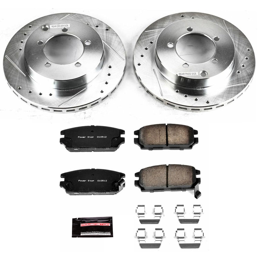 Power Stop K808 Rear Z23 Brake Pads Carbon Fiber with Drilled & Slotted Brake Rotors Kit For Dodge Stealth 1991-1993, Mitsubishi 3000GT 1991-1993 [Model Specific]