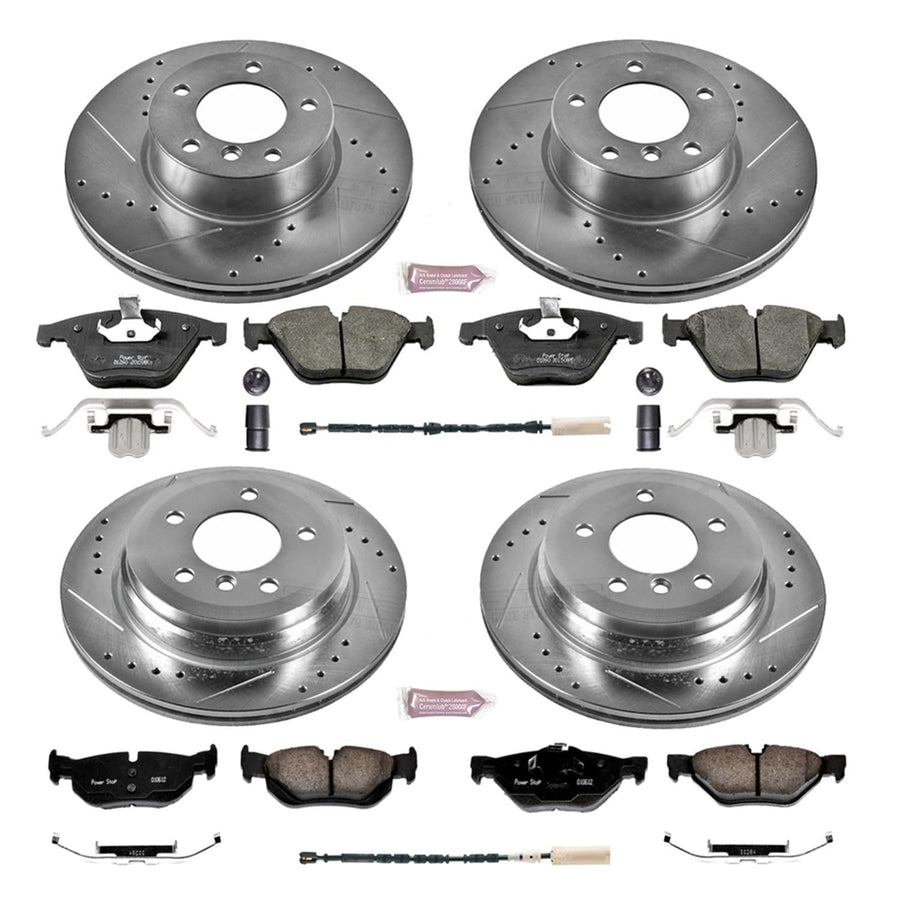 Power Stop K6072 Z23 Carbon Fiber Brake Pads Front and Rear with Drilled & Slotted Brake Rotors Kit and 1 Front & 1 Rear Sensor Wires For BMW 328i 2011-2013 [Model Specific]