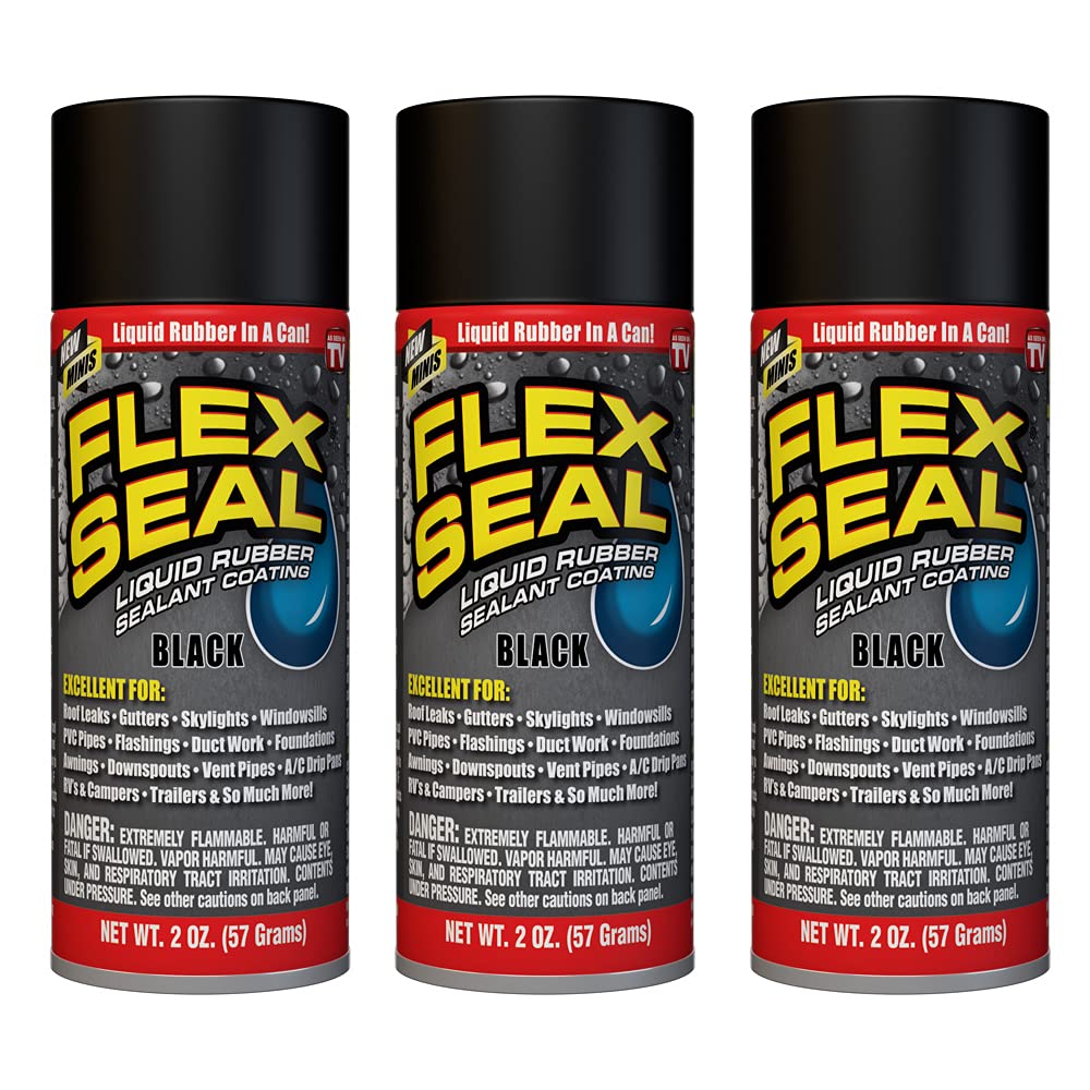 Flex Seal Mini, 3-Pack, Black, Waterproof Rubber Spray On Sealant Coating, Stop Leaks Instantly, Travel Size, Perfect for Gutters, Wood, RV, Campers, Roof Repair, Skylights, Windows, and More