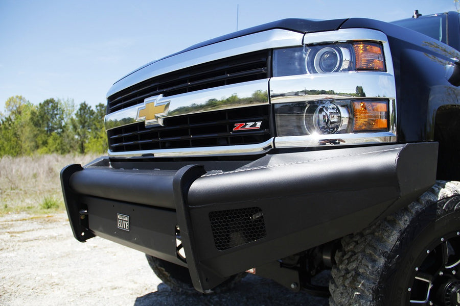 Fab Fours Elite Front Bumper CH08-Q2061-1 2 Stage Black Powder Coated w/o Full Grill Guard Incl. Light Cut-Outs