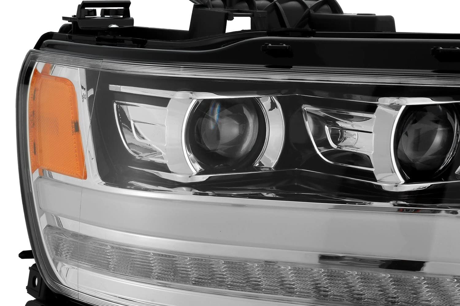 19-20 Dodge Ram 1500 AlphaRex LUXX LED Proj Headlights Plank Chrome w/Activ Light/Seq Signal/DRL