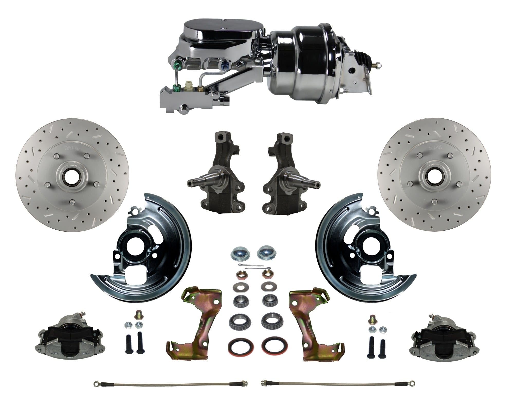 Power Front Disc Brake Conversion Kit Leed Brakes 2" Drop Spindles Cross Drilled And Slotted Rotors With 7" Dual Chrome Booster Flat Top Chrome M/C Disc/Drum Side Mount