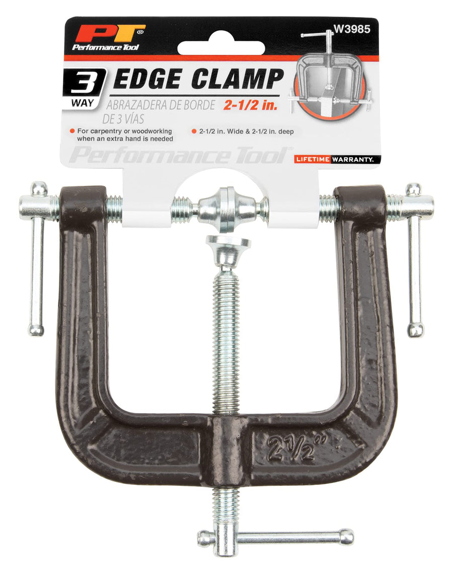 W3985 Performance Tool Malleable Iron Edge Clamp for Carpentry and Woodworking, Zinc-Plated Spindles and Free-Revolving Pads, 2-1/2-Inch Capacity