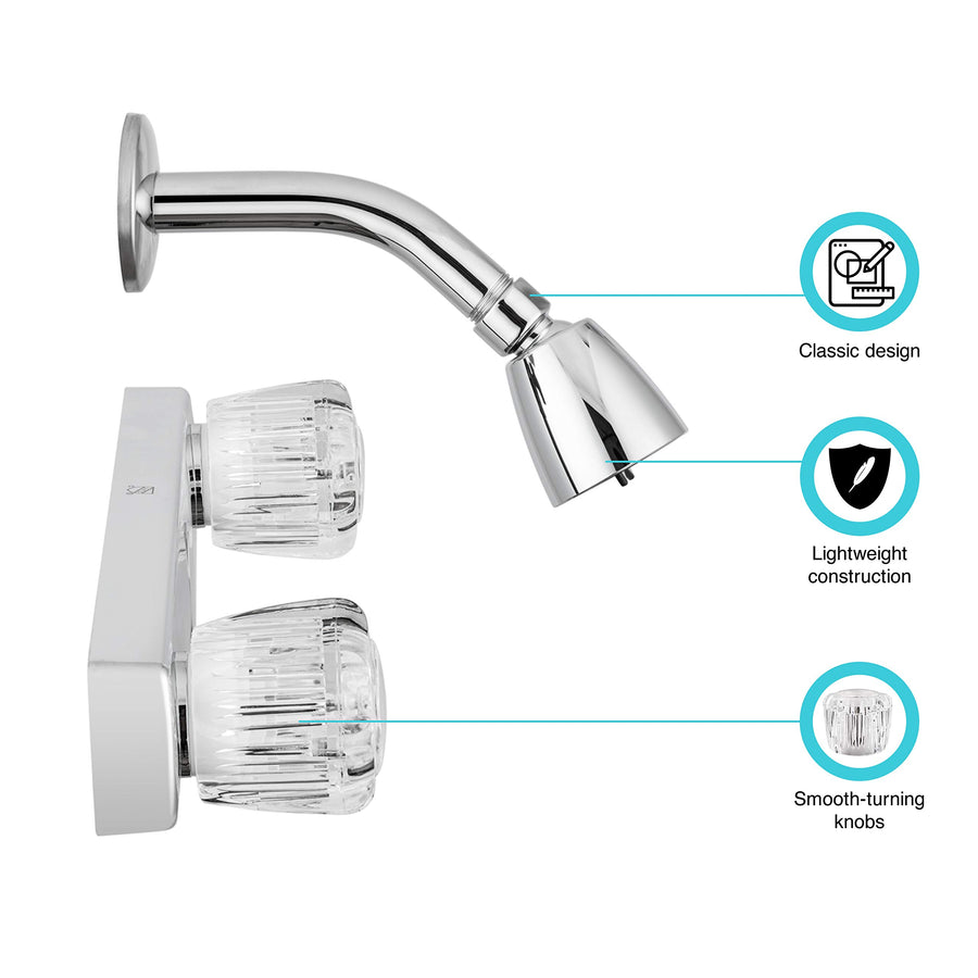 Dura Faucet Shower Faucet Economical with Classic Clear Acrylic Knobs and Shower Head (Chrome Polished)