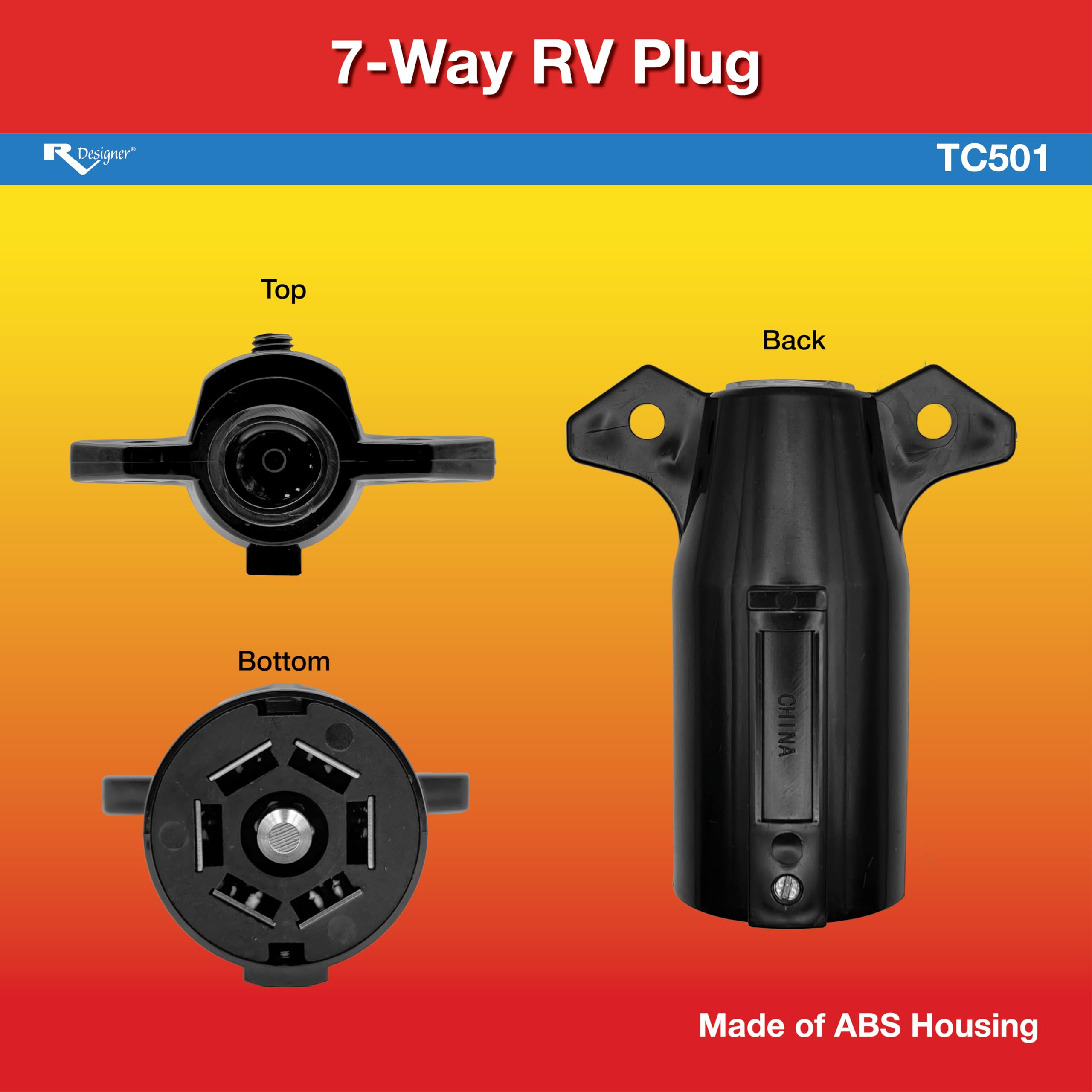 7-Way RV Blade Plug RV Designer TC501 – Trailer-Side Electrical Connector for RV, Camper, or Travel Trailer – Durable ABS Housing, Easy Wiring