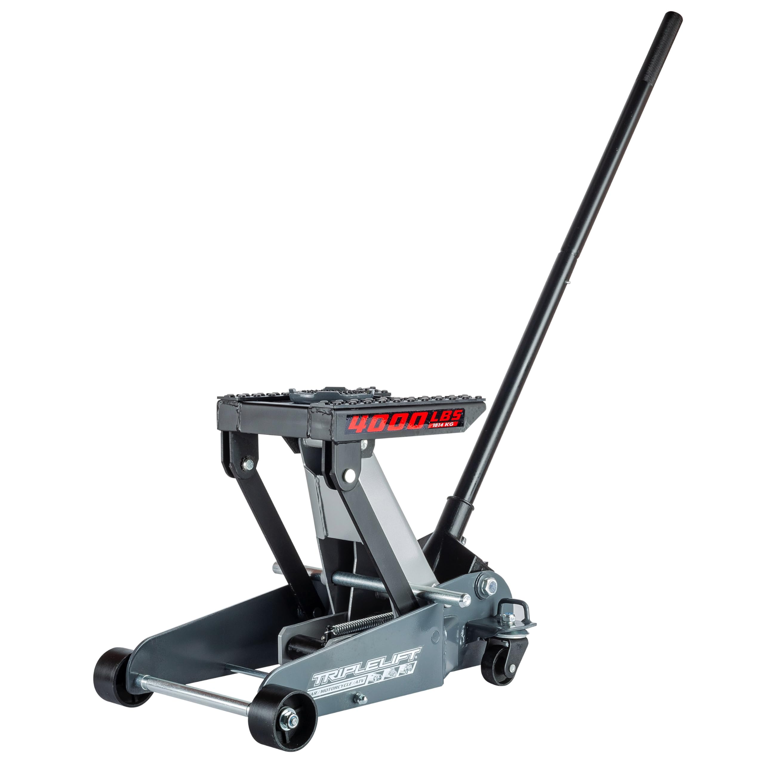 Powerbuilt 2 Ton Floor Jack Triple Lift, Works on Cars, Trucks, Motorcycles, ATV's, Transmissions, 4-3/4 to 17 in. Range, Wide and Stable, Locking Safety Bar - 620422E