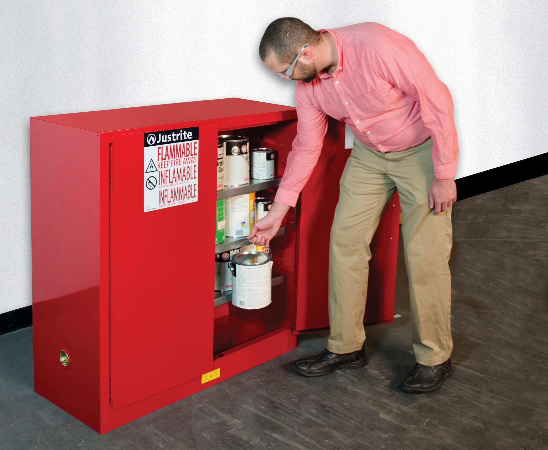 Justrite 40 Gallon Paint and Ink Manual Close Safety Cabinet, 18 Gauge Steel, 3 Shelves, 43" x 44" x 18", 2 Door Combustibles Cabinet, Made in The USA, Red, 893011