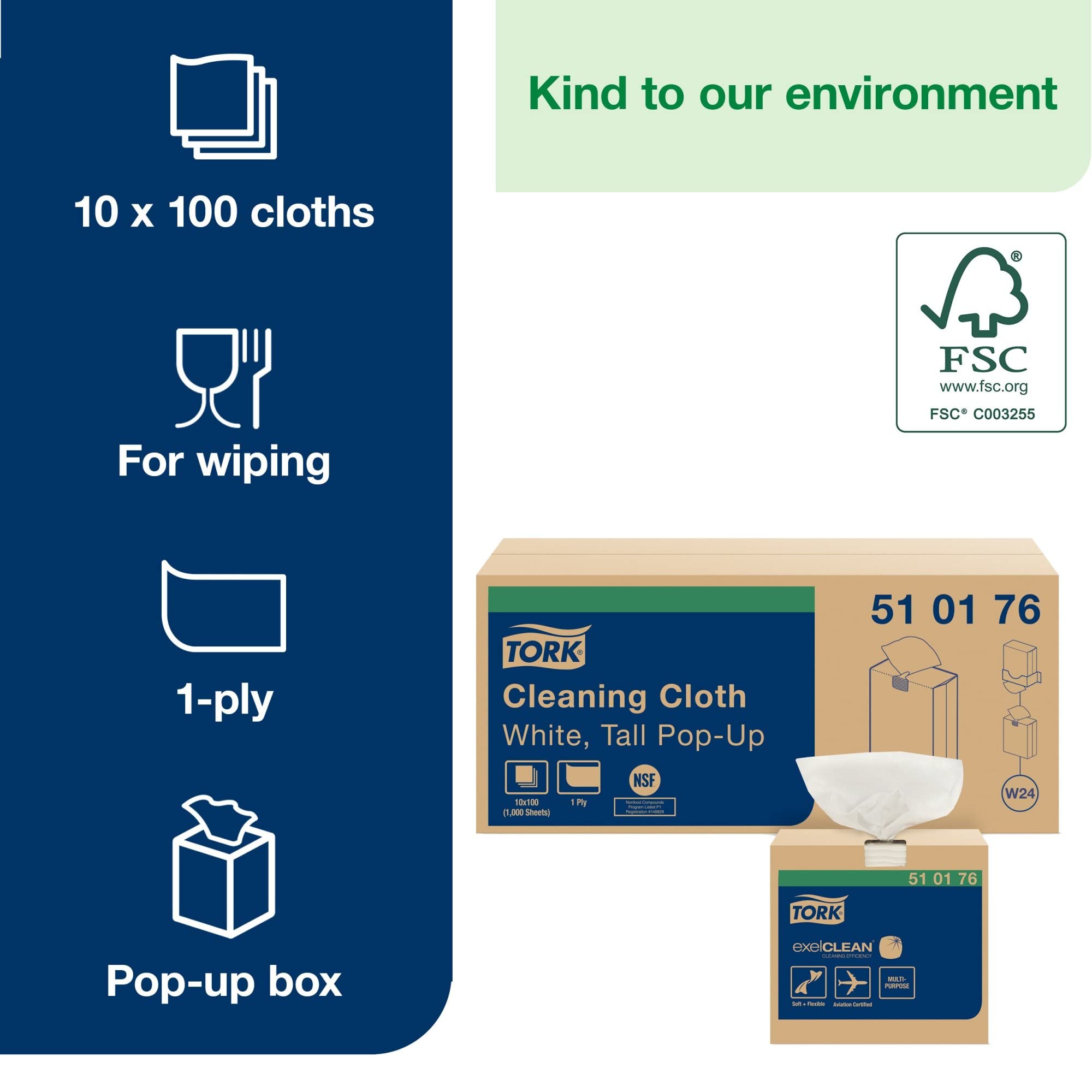 Tork White Cleaning Cloth W24, Pop Up, 10 x 100 sheets, 510176