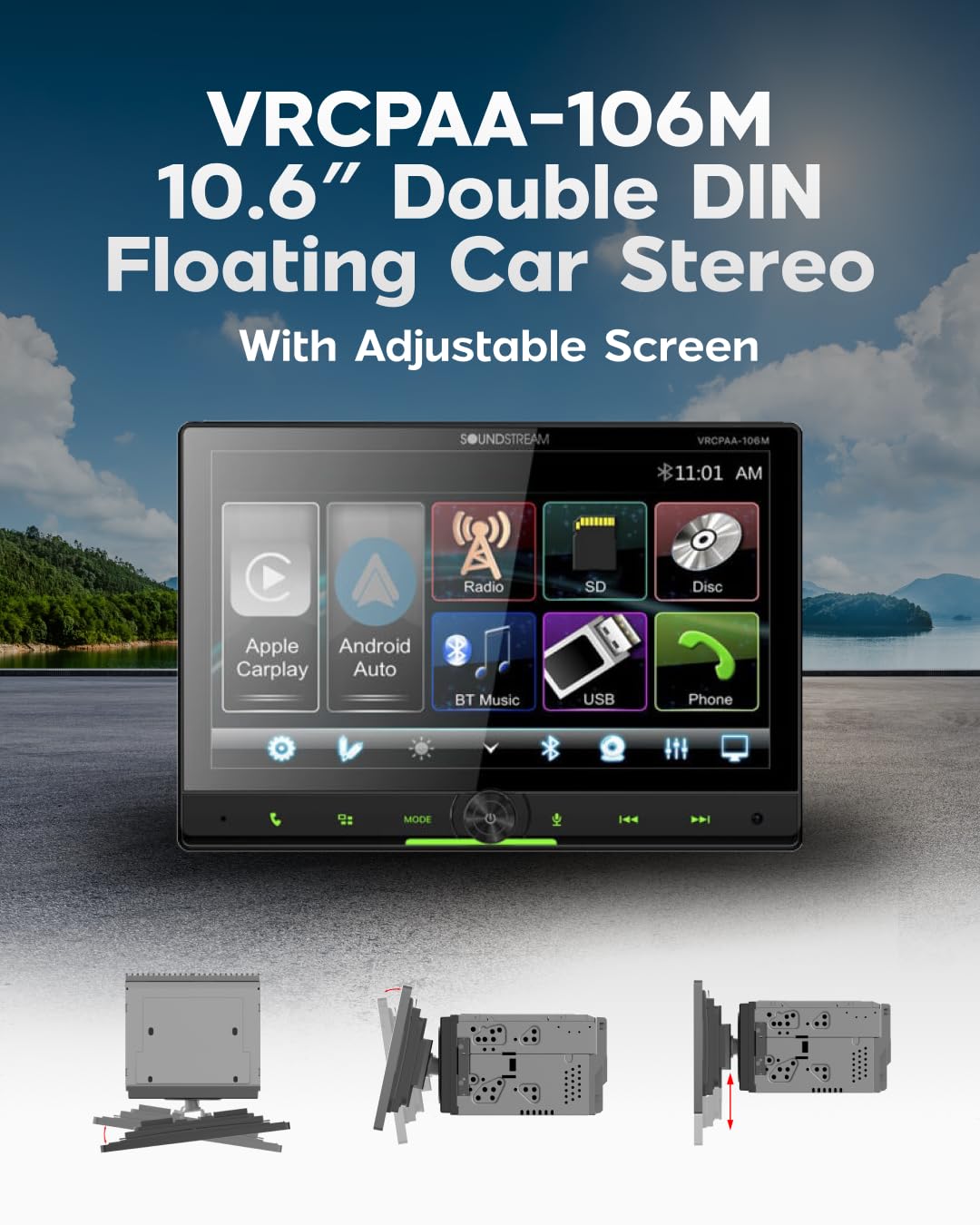Soundstream Double DIN VRCPAA-106M Car Stereo - Apple CarPlay & Android Auto Head Unit, 10.6” Floating Touchscreen Car Stereo with Bluetooth, Aux Input, USB, SD, Mechless Headunit (No Disc/DVD Drive)