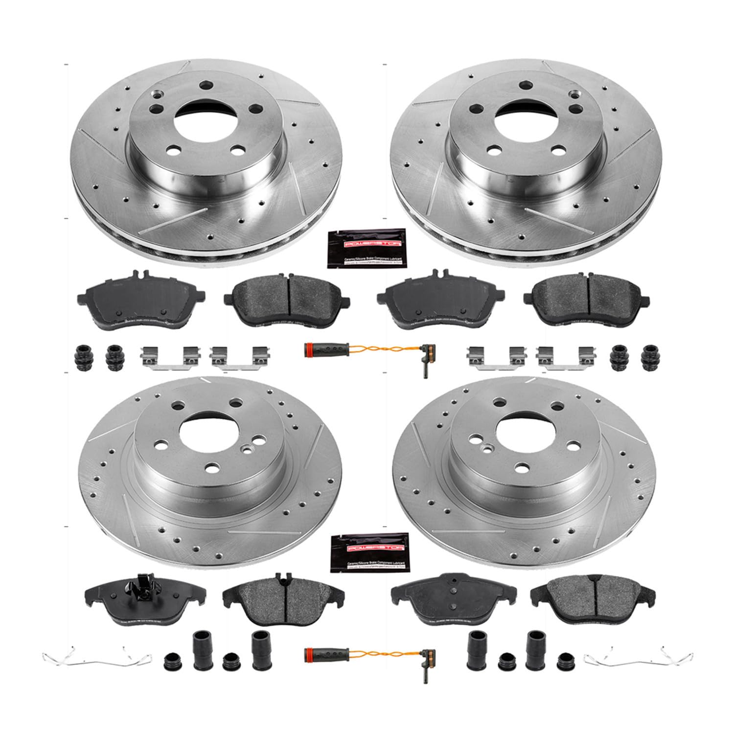Power Stop K5791 Z23 Carbon Fiber Brake Pads Front and Rear with Drilled & Slotted Brake Rotors Kit and 1 Front & 1 Rear Sensor Wires For Mercedes-Benz C250, Mercedes-Benz C300 [Model Specific]