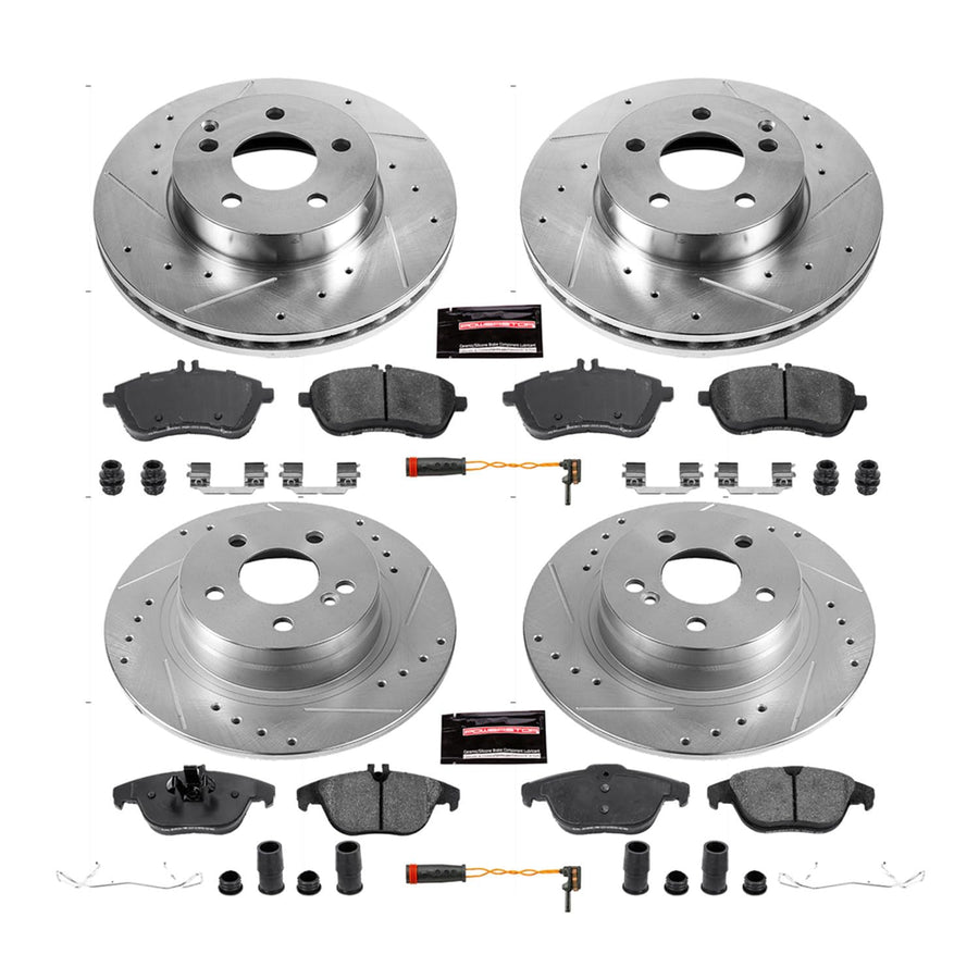 Power Stop K5791 Z23 Carbon Fiber Brake Pads Front and Rear with Drilled & Slotted Brake Rotors Kit and 1 Front & 1 Rear Sensor Wires For Mercedes-Benz C250, Mercedes-Benz C300 [Model Specific]